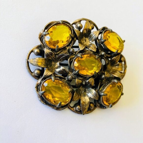 Vintage Czech Glass Art Nouveau Huge Faux Citrine Crystal Brooch - Picture 3 of 5